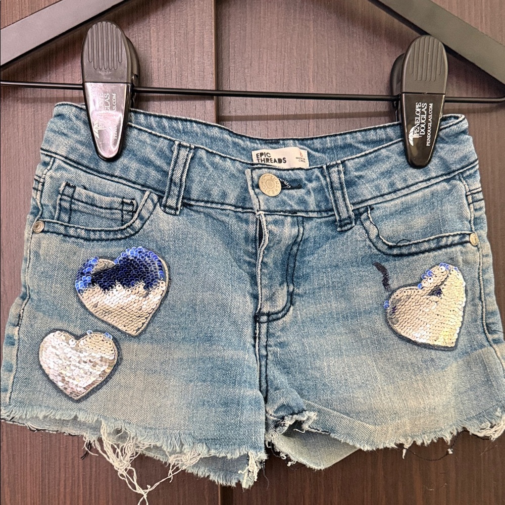 Epic Threads Blue Denim Shorts with Sequin Hearts